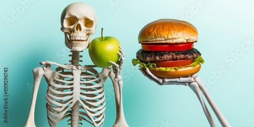 Wallpaper Mural A humorous contrast showing a skeleton holding a burger in one hand and an apple in the other, symbolizing the choice between healthy and unhealthy lifestyles, Generative AI Torontodigital.ca