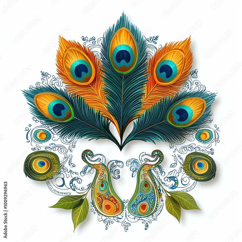 Obraz premium A vibrant and artistic illustration featuring peacock feathers and intricate designs, blending colors and patterns in a visually appealing composition.