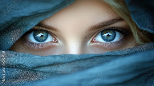 Beautiful close-up of captivating blue eyes partially obscured by a flowing veil, conveying mystery and allure.