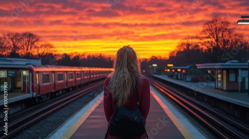 A woman standing on a distant platform wide-angle shot showcasing the entire station soft lighting enhancing the mood as the last train leaves  photo