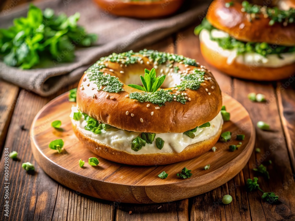 Freshly Baked Bagel with Cream Cheese and Fresh Herbs on a Wooden Cutting Board Background Freshly Baked Bagel with Cream Cheese and Fresh Herbs on a Wooden Cutting Board Background
