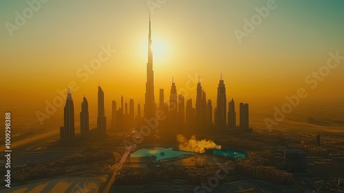 A city skyline with a large building in the middle