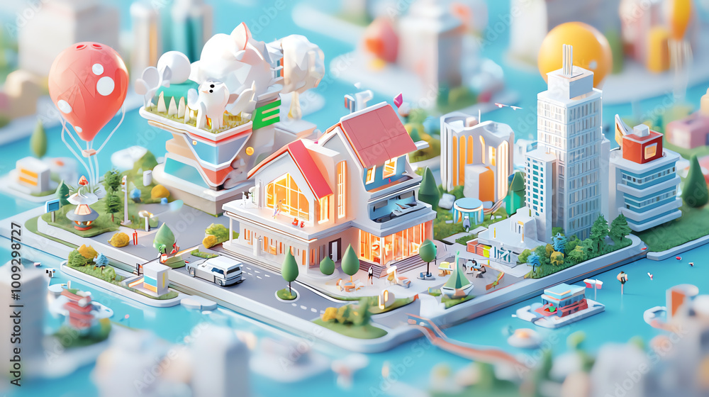 Miniature house with ultramodern architecture, standing tall among the gleaming skyscrapers of a futuristic metropolis Miniature house with ultramodern architecture, standing tall among the gleaming skyscrapers of a futuristic metropolis