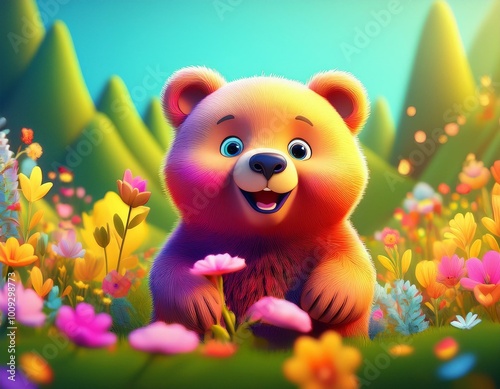 Cute Cartoon Bear in a colorful Field of Flowers