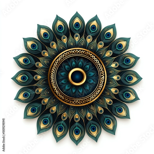 A vibrant, circular decorative piece featuring intricate peacock feather designs in teal and gold, radiating elegance and artistic beauty.