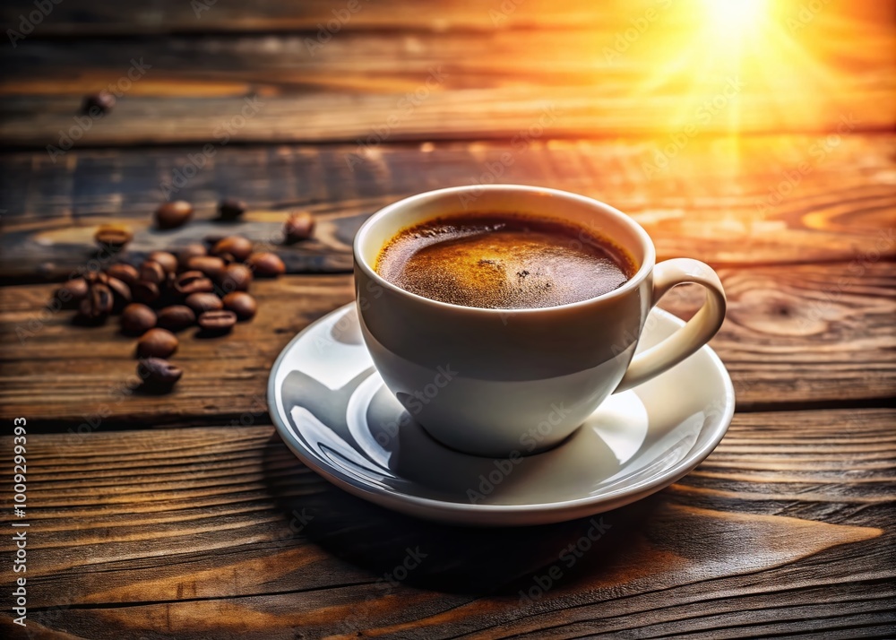 Freshly Brewed Coffee in a Classic White Cup on a Rustic Wooden Table with Morning Light Glowing Freshly Brewed Coffee in a Classic White Cup on a Rustic Wooden Table with Morning Light Glowing