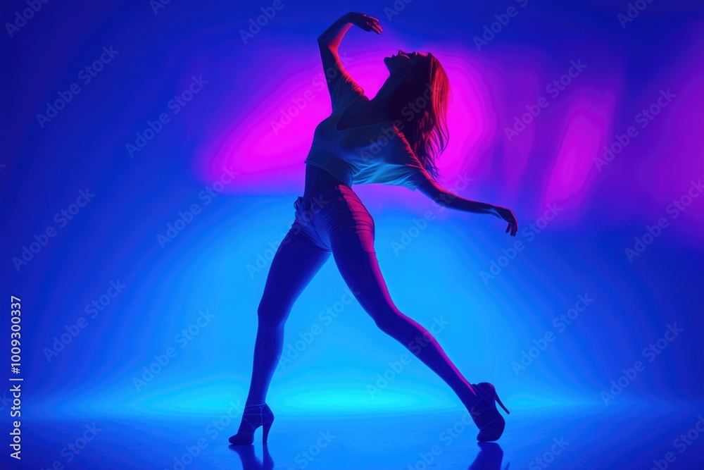 A woman in high heels dancing on a blue background A woman in high heels dancing on a blue background