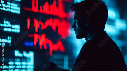 A young professional analyzes stock market trends in a modern office at night, with digital graphs illuminating the surroundings