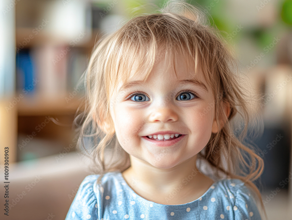 A young girl with blonde hair and blue eyes is smiling A young girl with blonde hair and blue eyes is smiling