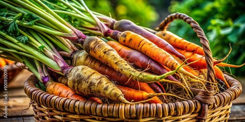 Freshly harvested olluco roots in a rustic basket showcasing vibrant colors and natural textures photo