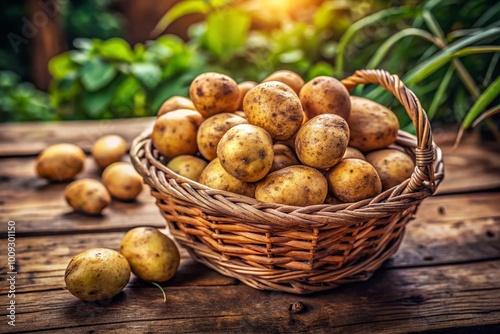 Freshly harvested potatoes in a rustic basket on a wooden table with a natural background