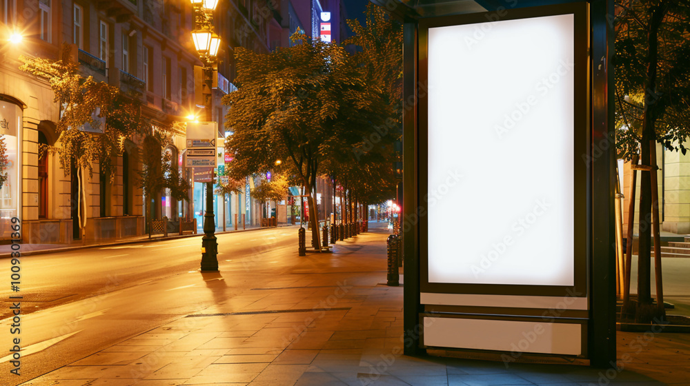 Blank illuminated billboard on empty city street at night. Empty copy space Blank illuminated billboard on empty city street at night. Empty copy space