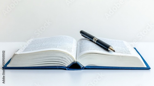 A open book with a pen lying on the top, perfect for studying or writing