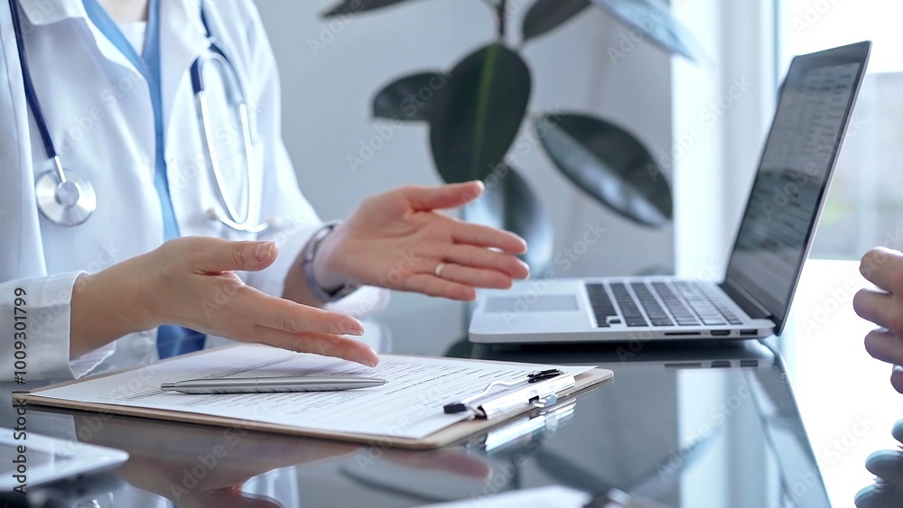 Doctor woman is writing something while consulting man patient on the glass desk and a clipboard in medical office. Medicine concept Doctor woman is writing something while consulting man patient on the glass desk and a clipboard in medical office. Medicine concept