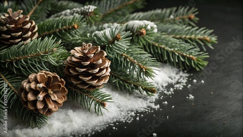 Snow-Covered Pine Cones and Fir Tree Branches on a White Backdrop