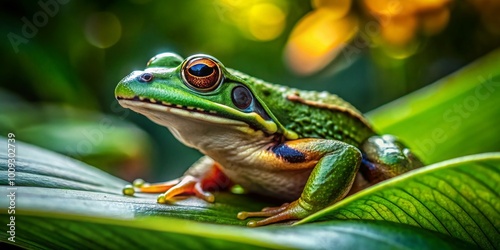 Frog in a Natural Habitat Showing Relaxed Leg Position on a Leaf Surrounded by Lush Greenery