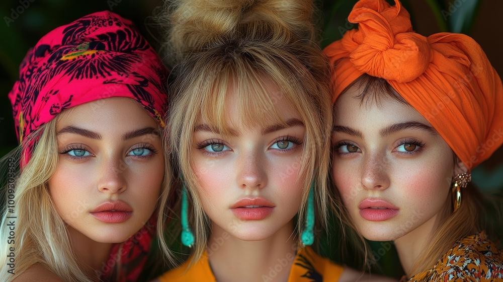 Obraz premium Three Young Women in Headscarves with Bright Eyes and a Casual Look