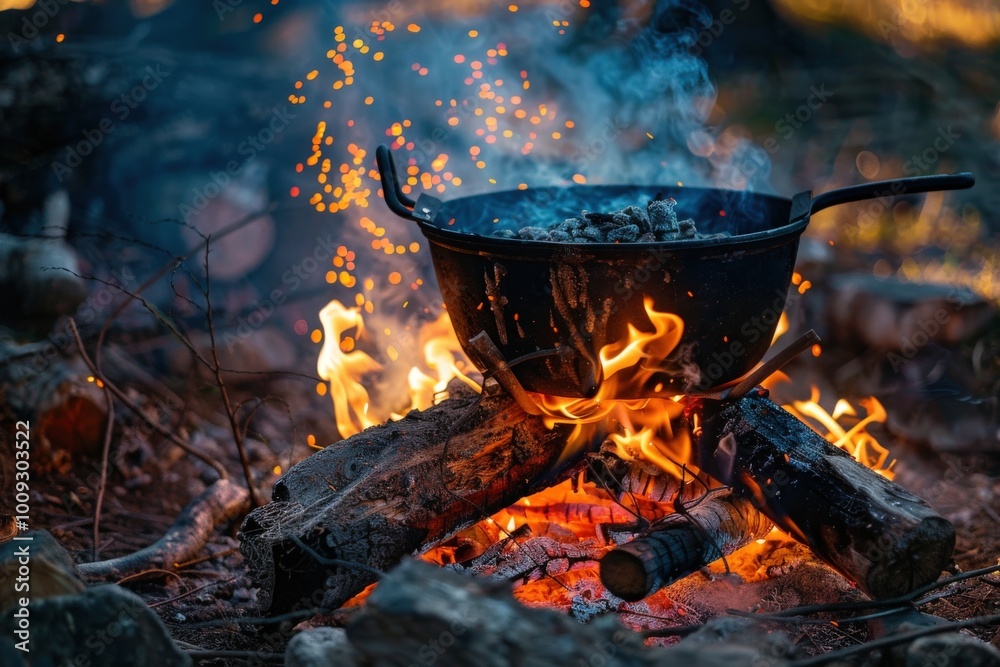 A black pot with a fire in it sits on a pile of wood, generative ai image A black pot with a fire in it sits on a pile of wood, generative ai image