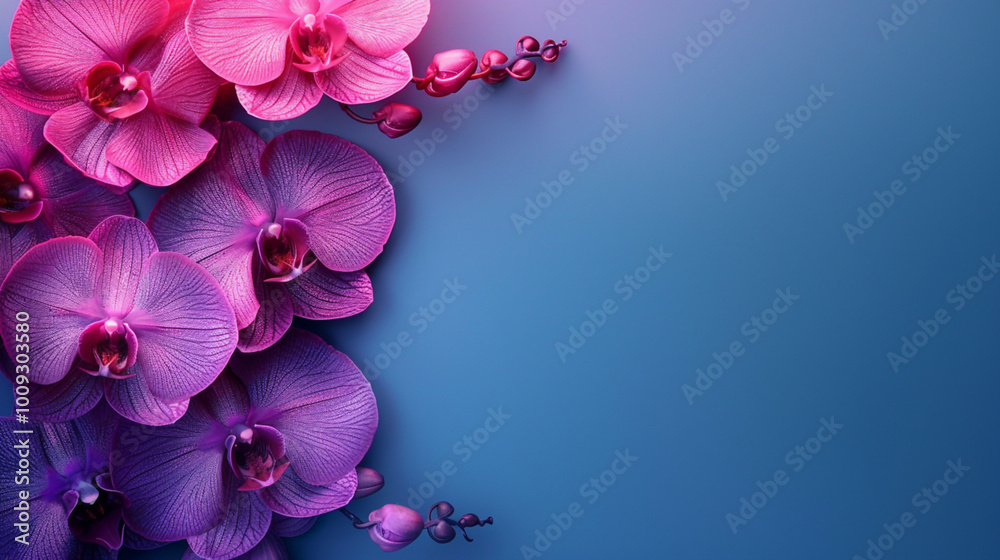 Fototapeta premium Banner with elegant orchid flowers in shades of purple and pink on soft gradient background. Empty copy space for design