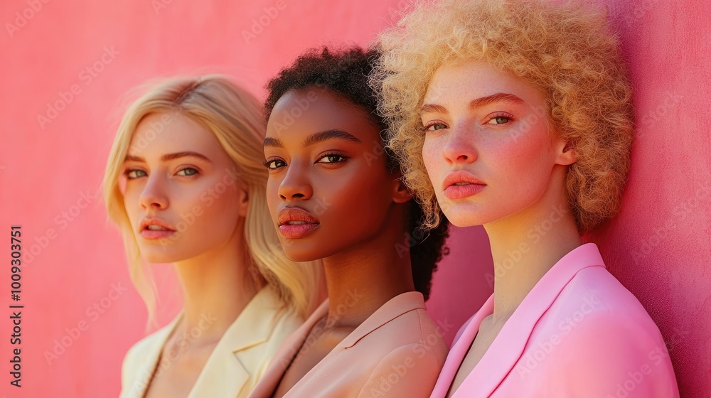 Three Diverse Women Standing Together in Front of Pink Wall Three Diverse Women Standing Together in Front of Pink Wall