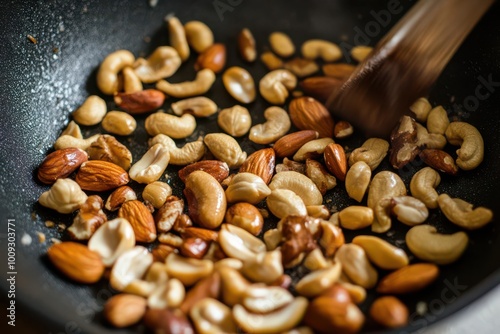 A close-up of mixed nuts being toasted in a pan, highlighting their texture and color.