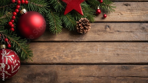 Wide Horizontal Banner Featuring Natural Wooden Christmas Decorations with Copy Space