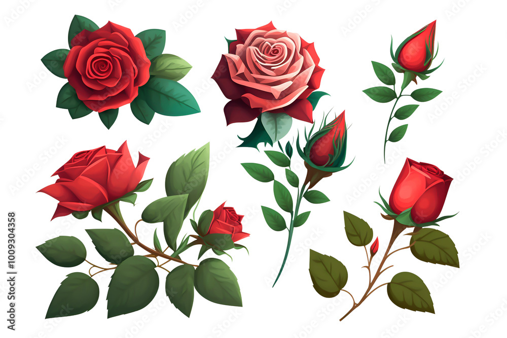 Realistic painting of roses and leaves, romantic Valentine's day card concept, die cut transparent. Realistic painting of roses and leaves, romantic Valentine's day card concept, die cut transparent.