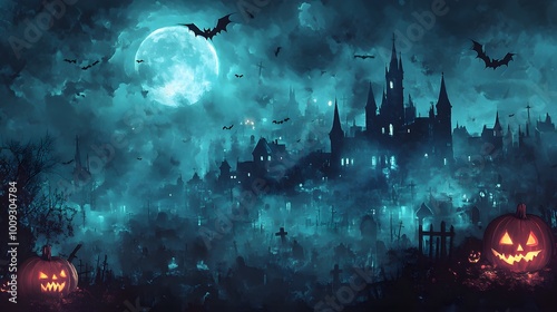 Spooky Haunted Castle at Night with Moon and Bats