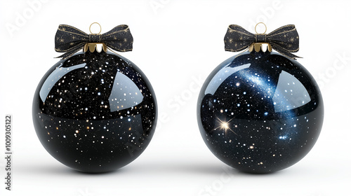 Two Christmas glossy space themed balls with black bows decoration on white background