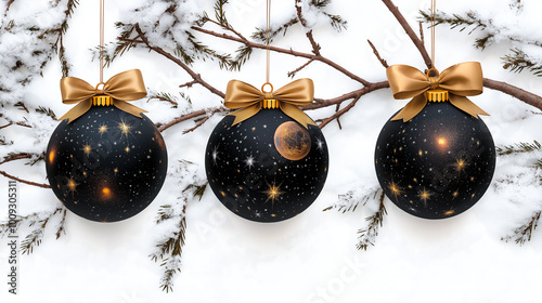 Christmas tree branches with black and gold cosmos themed balls ornaments, on white background
