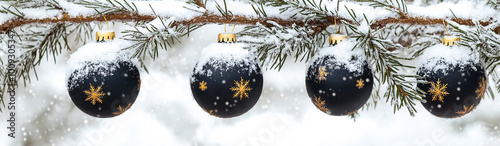 Christmas tree snowy branches with black and gold balls ornaments