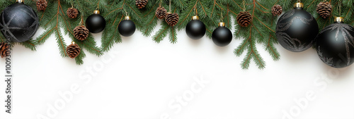 Christmas tree branches garland with ornaments, on white background