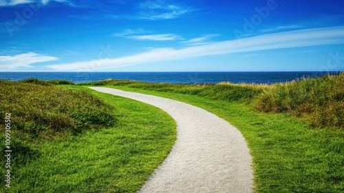 a sandy path that leads through lush green grass to a tranquil beach. The vibrant blue sky stretches endlessly in the background, with natural lighting providing clarity and detail