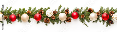 Christmas tree branches garland with ornaments, on white background