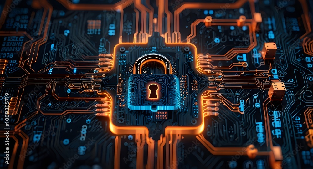 Fototapeta premium Glowing Orange Lock on Futuristic Circuit Board Representing Cybersecurity, Data Protection, and Encryption in a High-Tech Digital Environment with Neon Blue and Orange Elements