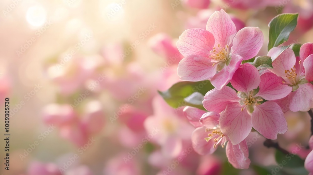 Close-up of delicate pink apple blossoms with soft sunlight filtering through the branches, creating a dreamy and romantic atmosphere. Close-up of delicate pink apple blossoms with soft sunlight filtering through the branches, creating a dreamy and romantic atmosphere.