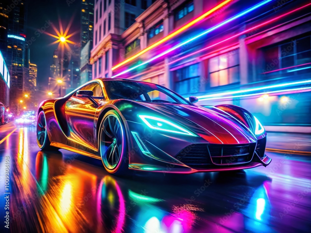 Futuristic Neon Race Car in Motion with Vibrant Lights on a Dark Urban Street at Night Futuristic Neon Race Car in Motion with Vibrant Lights on a Dark Urban Street at Night
