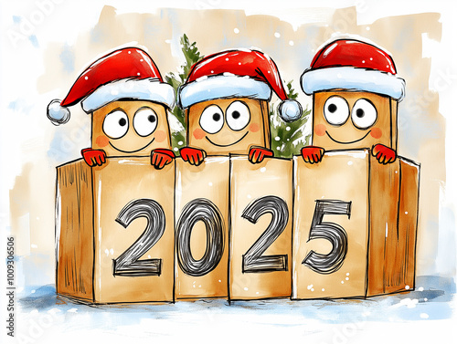 Cute happy characters smiling and holding 2025, Happy New Year illustration.