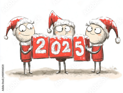 Cute happy characters smiling and holding 2025, Happy New Year illustration.