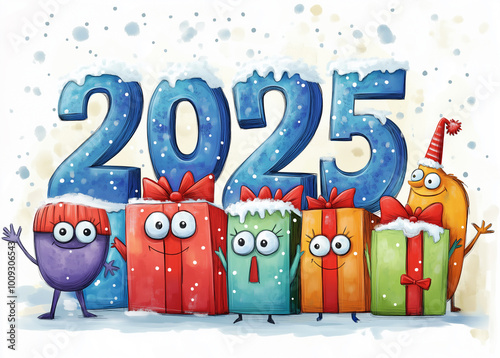 Funny looking anthropomorphic characters and 2025 new year, creative illustration 