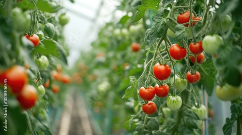 Fresh tomatoes growing in a controlled environment