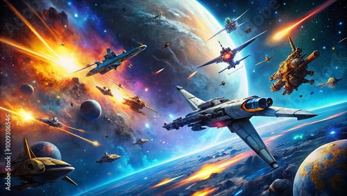 Futuristic Space Battle Scene with Spaceships Engaged in Combat Amidst Stars and Cosmic Background