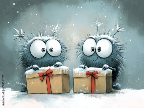 Two cute little monster characters about to open presents in snow, seasonal illustration.