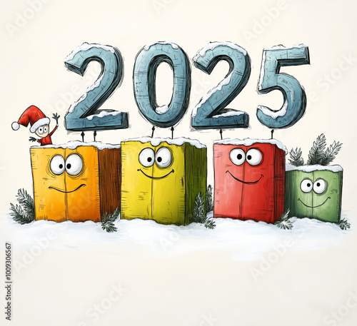 Funny looking anthropomorphic characters and 2025 new year, creative illustration 