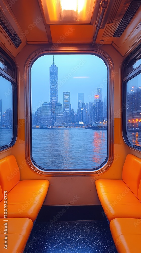 Fototapeta premium A wide-angle shot of an empty train car, with soft muted lighting illuminating the interior, and the city skyline visible through the distant windows 
