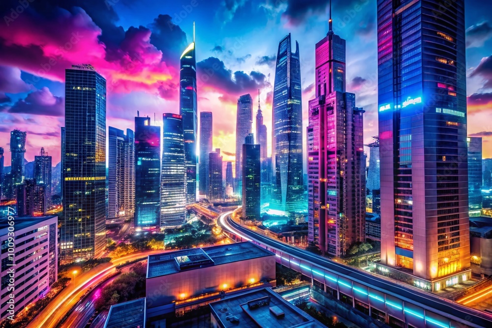 Futuristic urban landscape featuring towering skyscrapers, neon lights, and a dystopian atmosphere Futuristic urban landscape featuring towering skyscrapers, neon lights, and a dystopian atmosphere