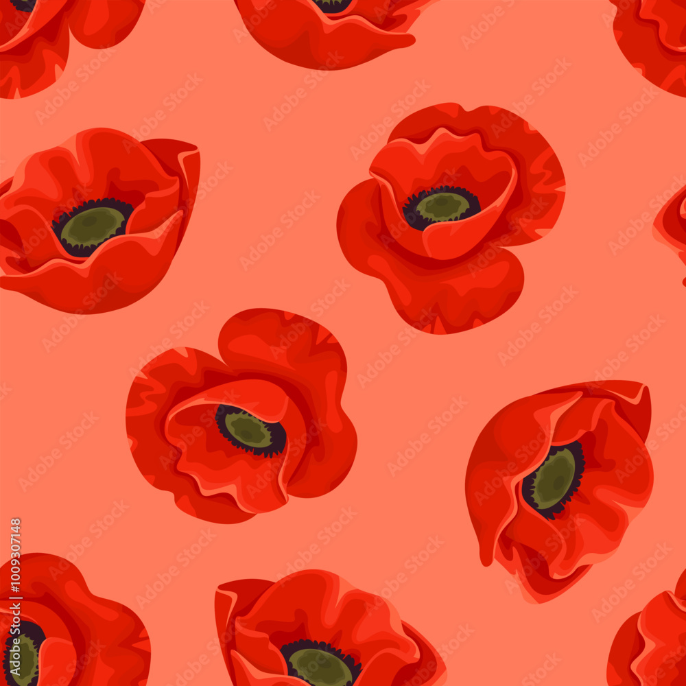 Red poppy flowers seamless pattern. Floral background. Vector cartoon illustration.