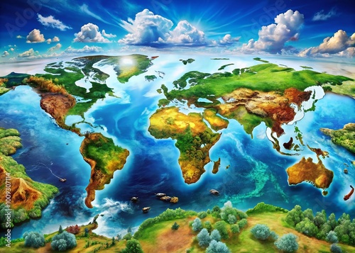 Futuristic World Map Depicting Advanced Geographical Changes and Environmental Transformations
