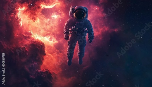 An Astronaut Floating in Space Surrounded by Colorful Nebula Stars