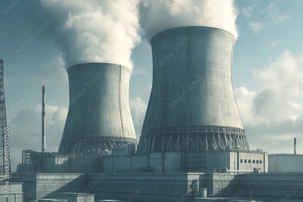 Two industrial cooling towers emitting smoke into the air Two industrial cooling towers emitting smoke into the air